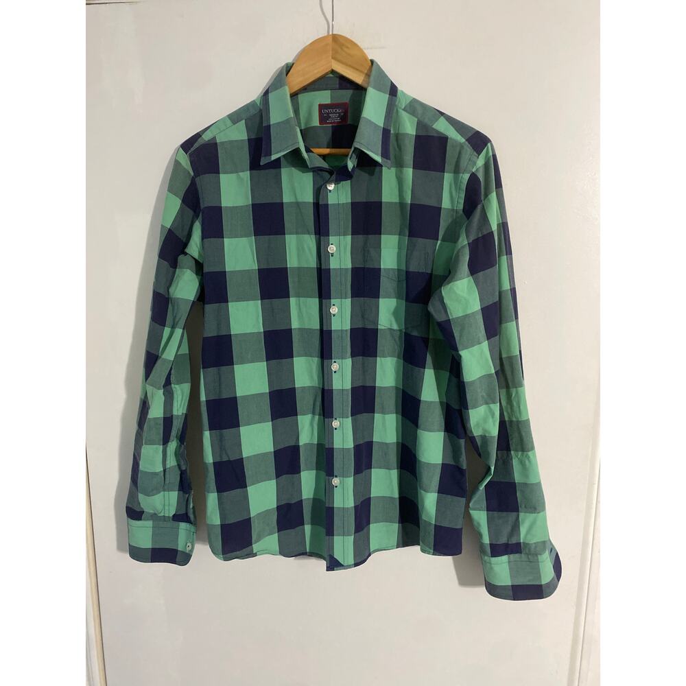 Untuckit button down shirt men’s size M green blue plaid cotton slim fit casual
